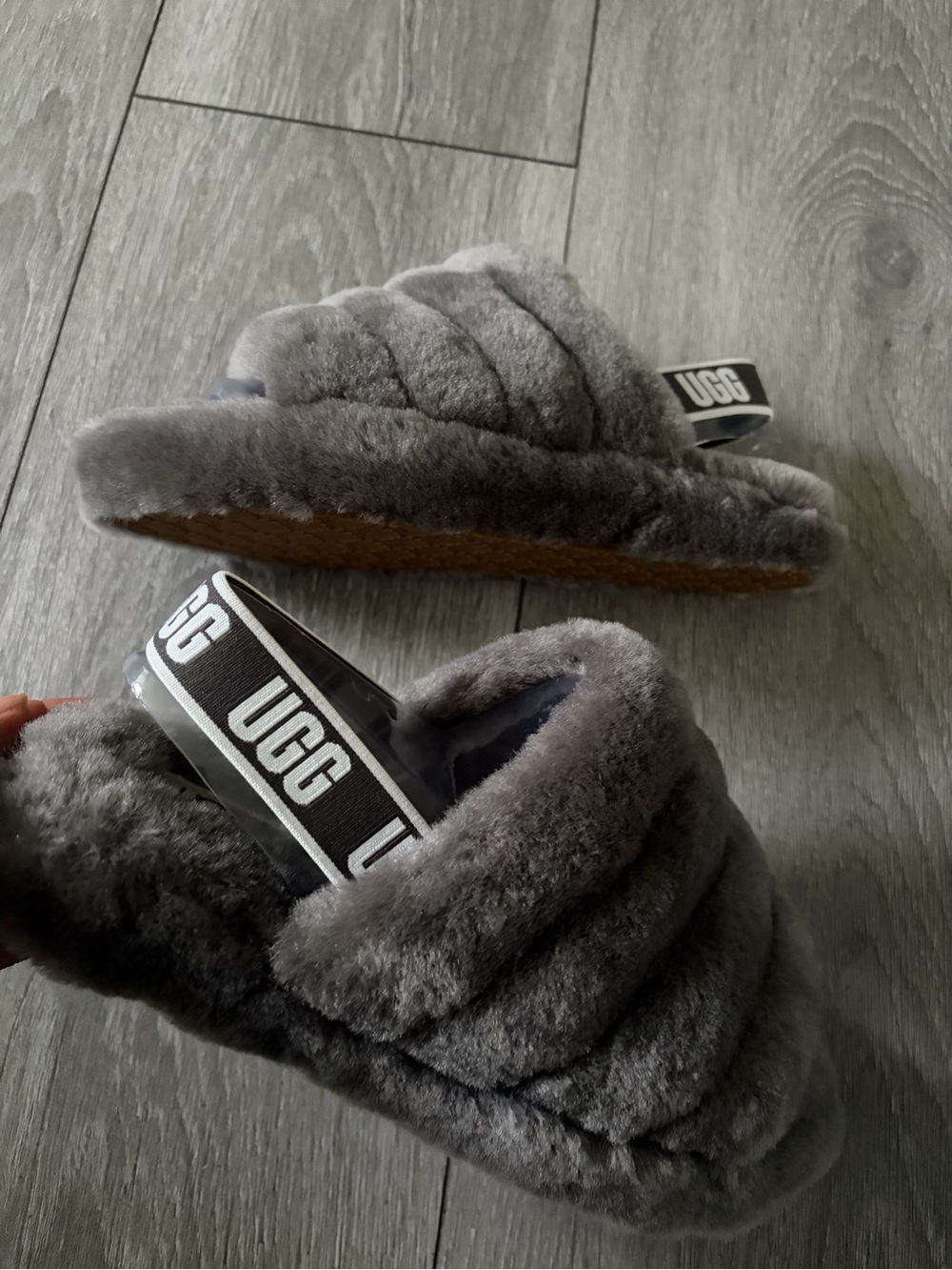 UGG youth size 5 Charcoal Gray Fluffy Slide Slippers with Branded Backstrap